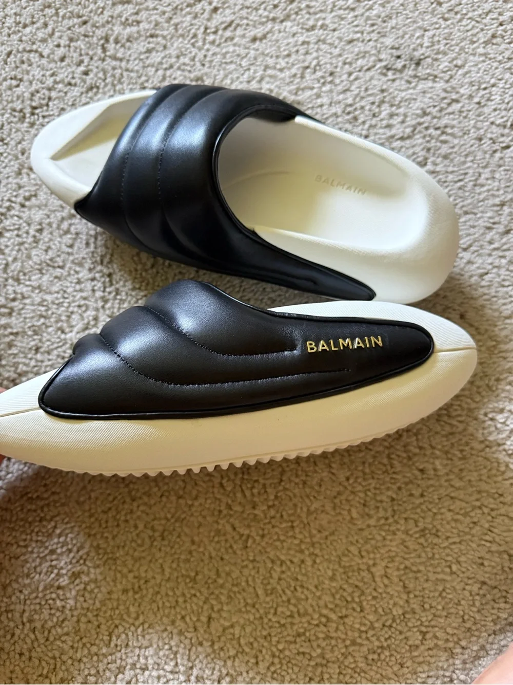 Balmain Black Leather Slides with White Sole and Gold Logo